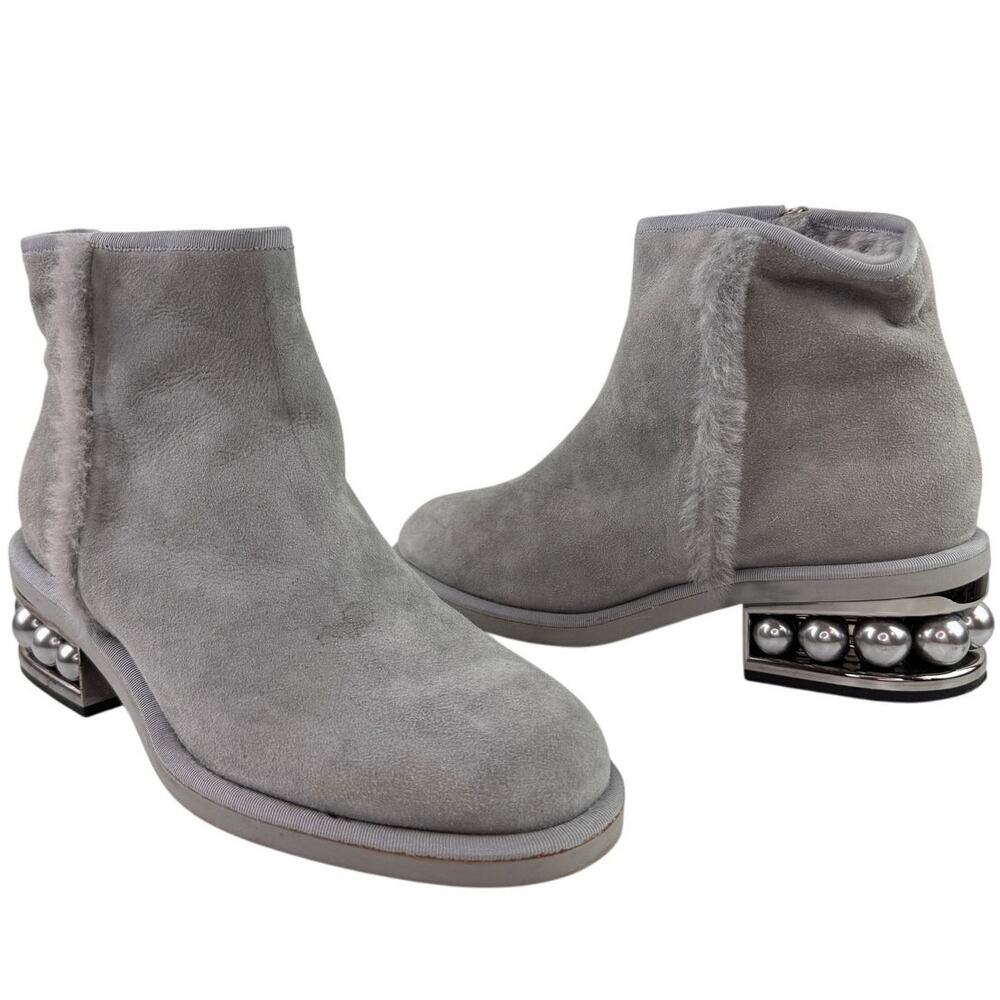 Nicholas Kirkwood Luna Booties 38.5 Gray Suede Pearl Heel Side Zip Ankle Boot